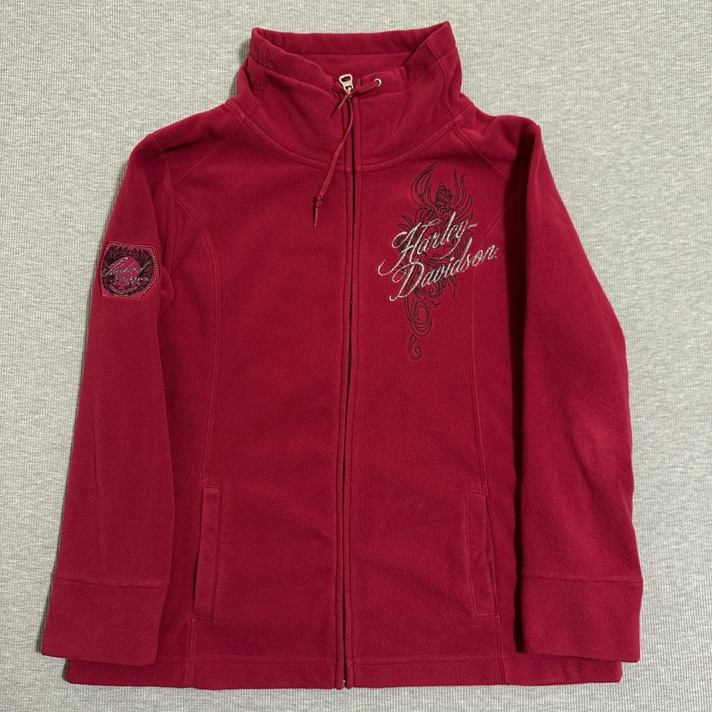 Harley Davidson Fleece Full Zip Jacket Embroidered Red Womens Size 2XL